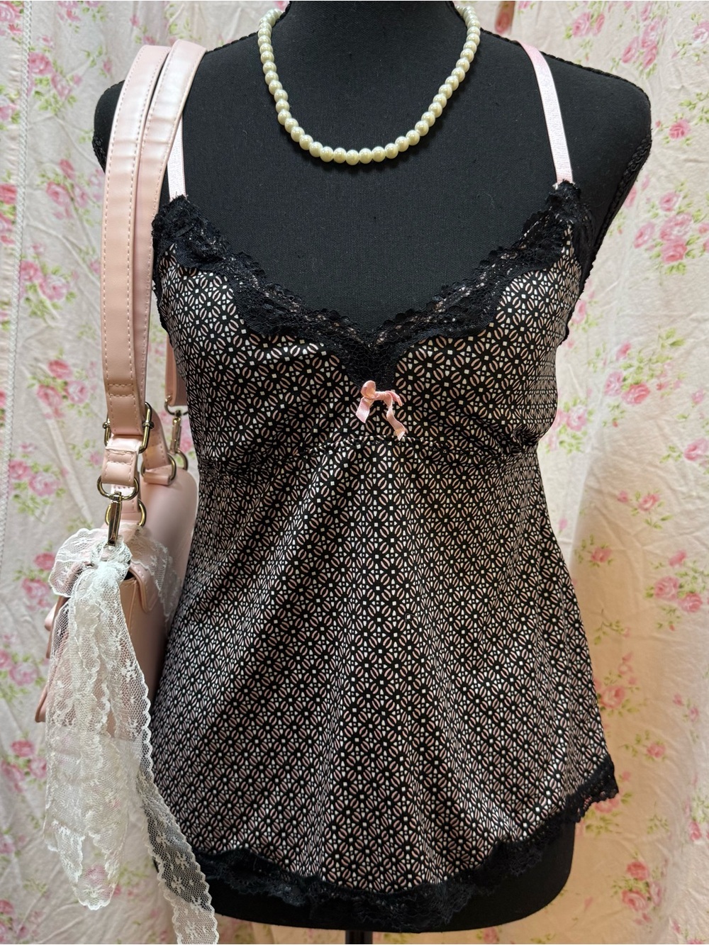 Marilyn Monroe Black Satin Chemise with Pink Accents